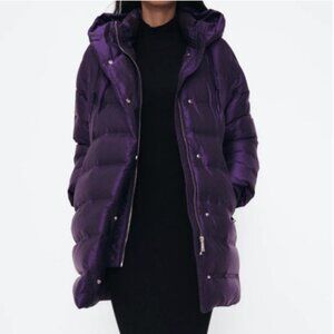 Zara down puffer coat 3/4 length with hood Size M